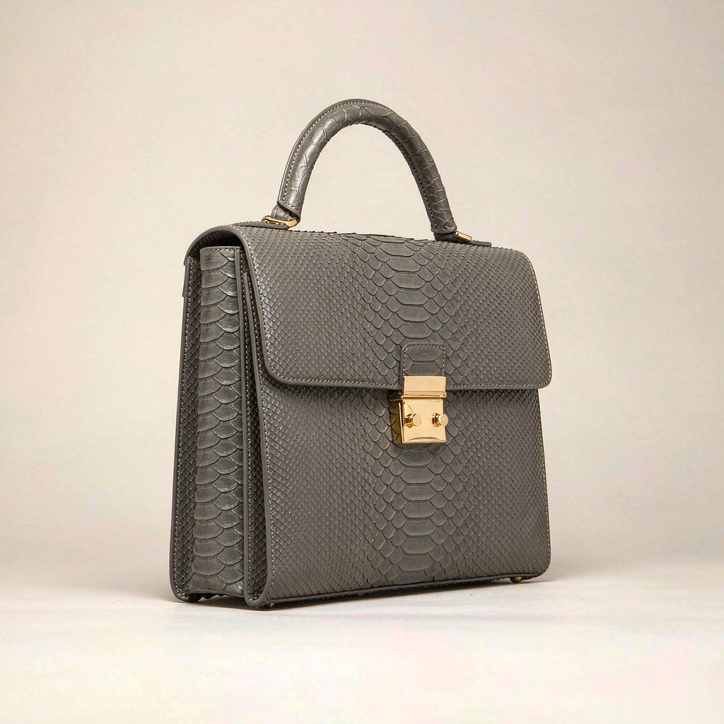 Seraphine Python-Embossed Satchel in Slate / Sand