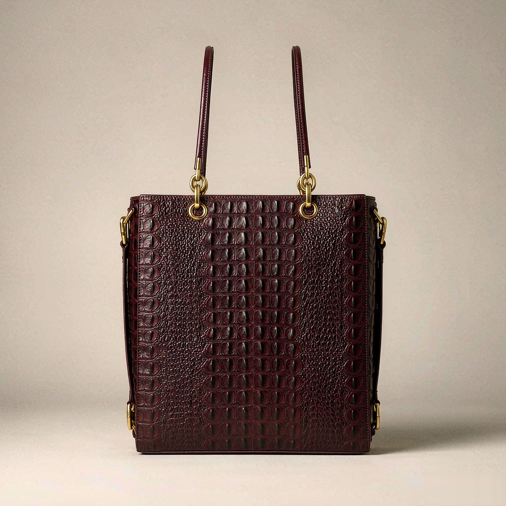 Aurelia Croc-Embossed Tote in Bordeaux / Black